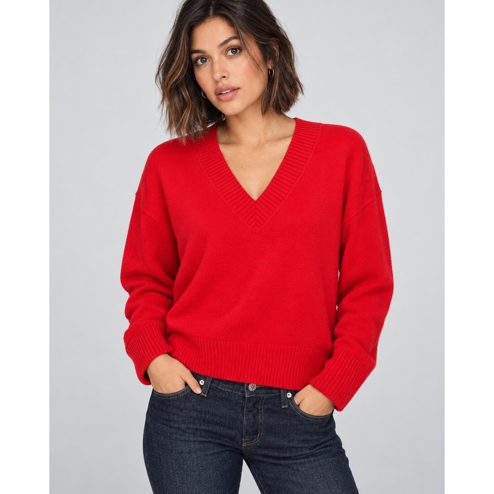 Rachel Zoe Red V-Neck Ribbed Trim Long Sleeve Knit Sweater Womens XS New